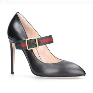 Gucci Sylvie black leather point toe heels with striped ankle strap